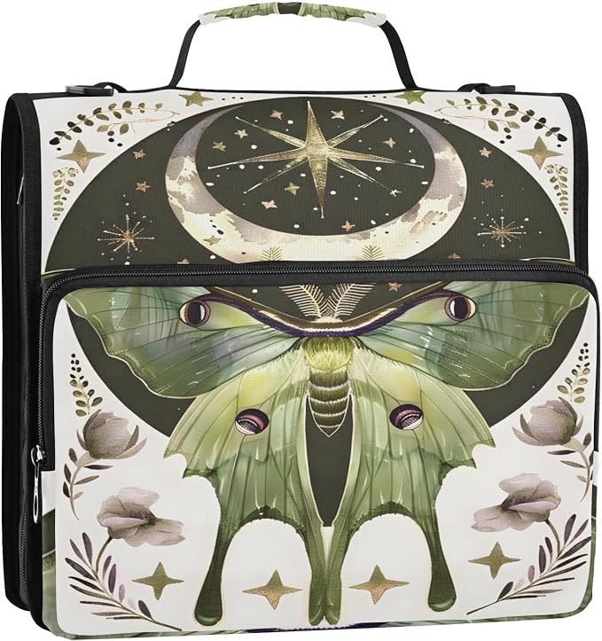 Moth Moon Art Butterfly 3 Ring Binder Bag 1.5 inch Binder Organizer with Zipper Shoulder Strap 500 Sheet Documents Storage for School Office