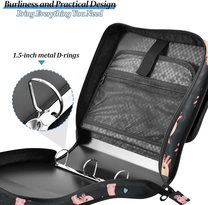 Cute Axolotl Black Print Zipper Binder Bag 3 Ring with Shoulder Strap & Handle Multi Pocket Binder Organizer Bag Large Capacity for School Office Supplies