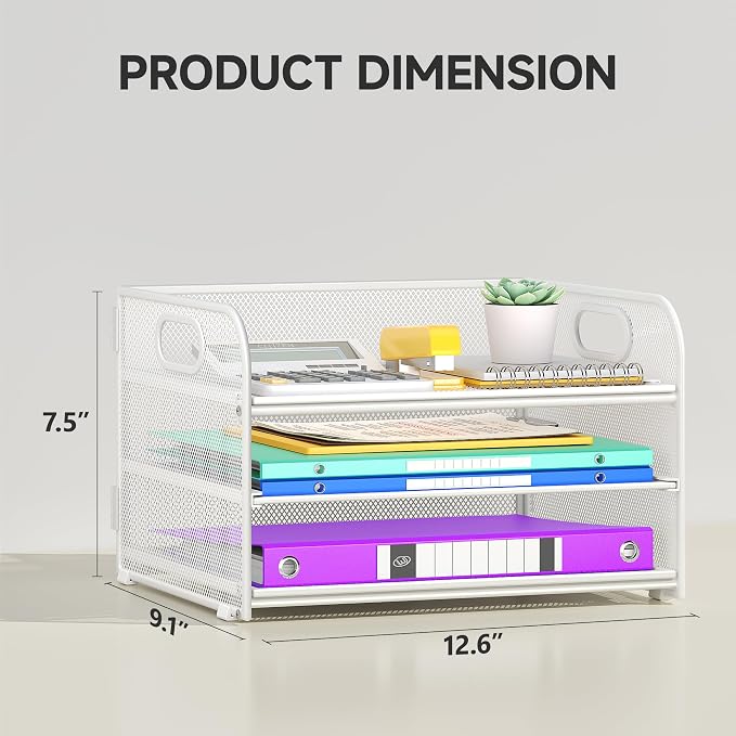 Cawukege 3 Tier Paper Organizer with Handle, Metal Desk Organizer Mesh Paper Letter Tray Desktop File Folder Document Sorter for Classroom, School, Office Accessories Storage (1, White)