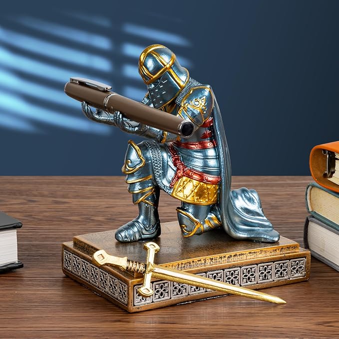 Medieval Knight Pen Holder with Sword, Kneeling King's Guard Warrior Pencil Stand Office Accessories Cool Fancy Desk Decor Gift for Men Dad Husband Boss Boyfriend Him- Leader Cloak Style