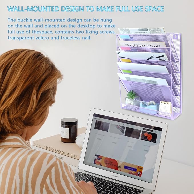 5 Pockets Mesh Wall File Holder Organizer with Bottom Flat Tray, Office Hanging File Folder Magazine Rack, Nametag Label Hooks Set Included, Purple