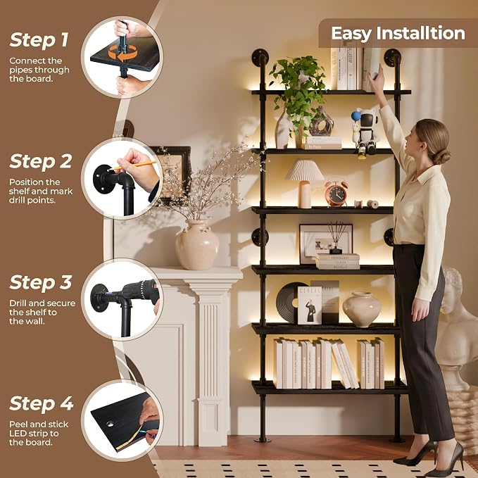 6-Tier LED Ladder Shelf, Wall Mounted Pipe Bookshelf, Black 36 Inch | Solid pine 6-tier wall mounted pipe bookshelf with warm LED lights, 40 lb shelves, for books, plants and decor