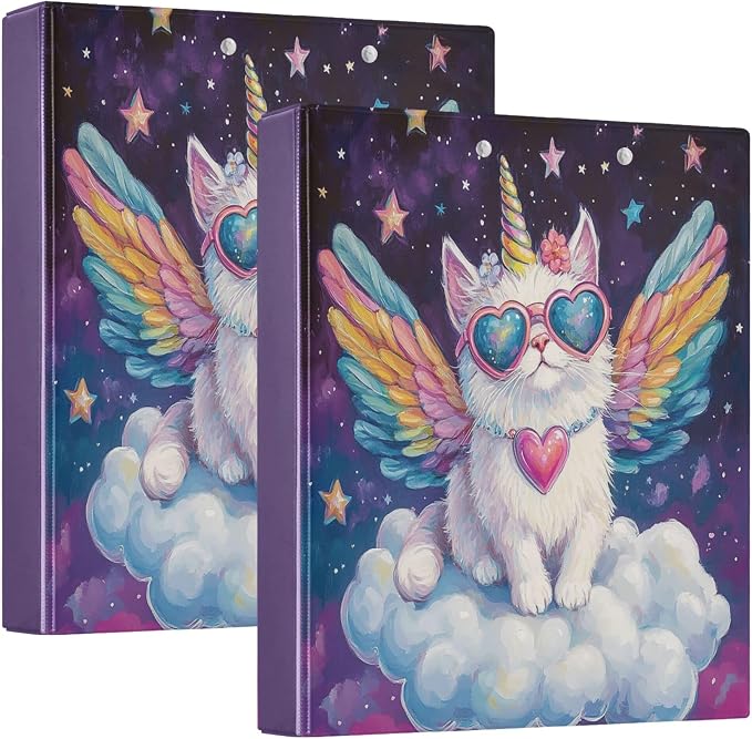 Unicorn Cat with Wings Round Ring Binders 1.5 Inch Galaxy Space Stars 3 Ring Clipboard Binder for Office School Work Supplies File Folder Document 200 Sheet Capacity Easy Open 2 Pieces