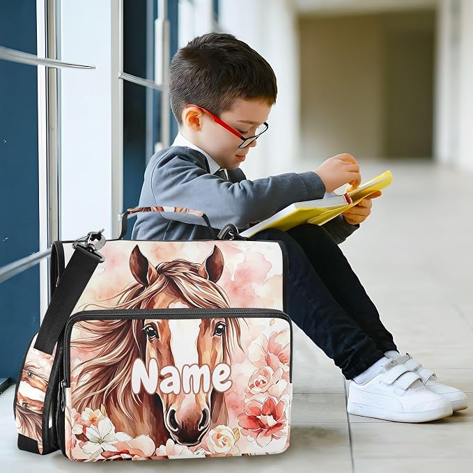 Custom Brown Horse Watercolor Flower 3 Ring Binder Bag 1.5 inch Personalized Name Binder Organizer 500 Sheet Documents Storage for School Office