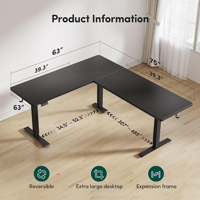 FEZIBO 75" x 63"L Shaped Standing Desk Adjustable Height, Electric Stand up Corner Computer Desk, Sit Stand Home Office Desk with Splice Board, Black