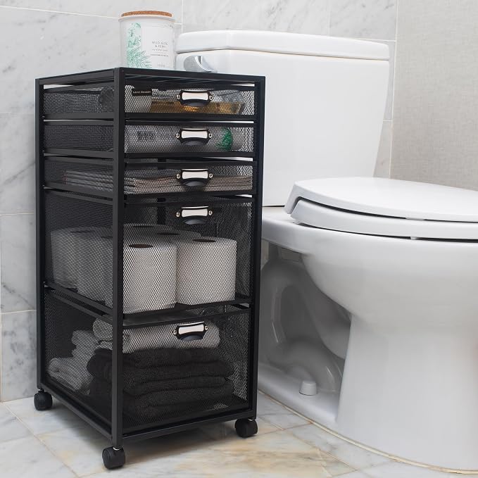 Mind Reader Vertical Office Storage Organizer with Mesh Drawers Label Holders and Optional Wheels, Metal Mesh, Black