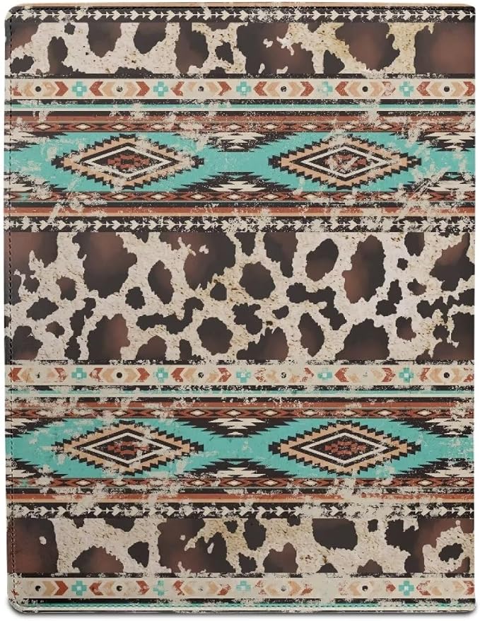 Dreaweet Aztec Brown Cow Print Portfolio Leather Padfolio for Women,Interview Legal Document Binder Organizer,Business Card Holder with Letter Sized Writing Pad