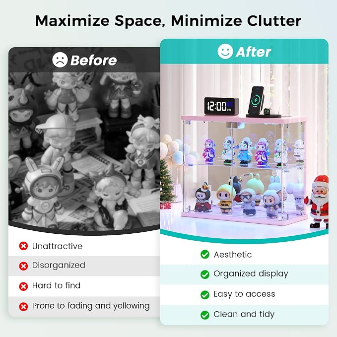 Dystler 2pc Glass Display Case with LED Lights, Small 2-Tier for Figures | Lighted Display Cabinet with Motion Sensor, Clear Tempered Glass Door, USB-C Charging Hub for Collectibles, Rocks, Tabletop