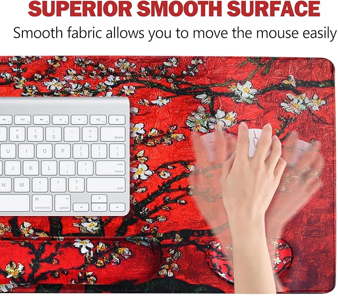 Large Gaming Mouse Pad, Keyboard Wrist Rest Pad & Wrist Support Mousepad Set, Stitched Edge, Extended, Non-Slip Base, Memory Foam Desk Mat 4pcs for Office & Home, Red Van Gogh Painting