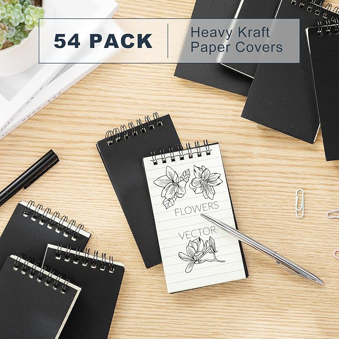 Tenceur 54 Pcs Pocket Notebook Bulk Small 3x5 Inch Spiral Notepads Mini Top Bound Notebook with Lined 120 Pages Ruled Memo Pads for Office College Nurse Essentials Back to School Gift(Black)