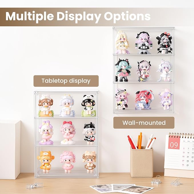 3-Tier Acrylic Display Case for Figures, Wall-Mounted Clear Action Figure Storage Organizer with Magnetic Door & 2 Adjustable Shelves, Dustproof Showcase for Collectibles, 2 Pack