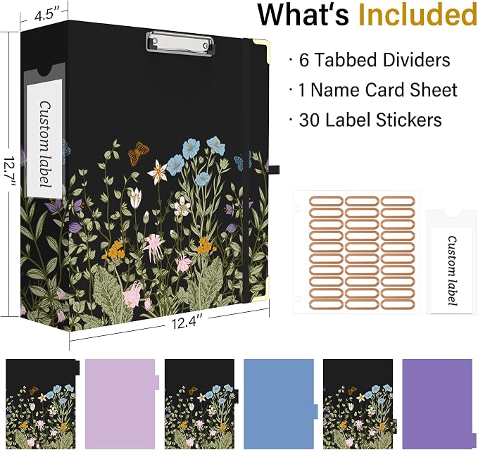 3 Ring Binder 3 Inch, Cute Round Ring Binder with 6 Tab Dividers & Label Stickers, Low Profile Clipboard with Storage, Fashion Binder for School Office Supplies (Wild Flowers)