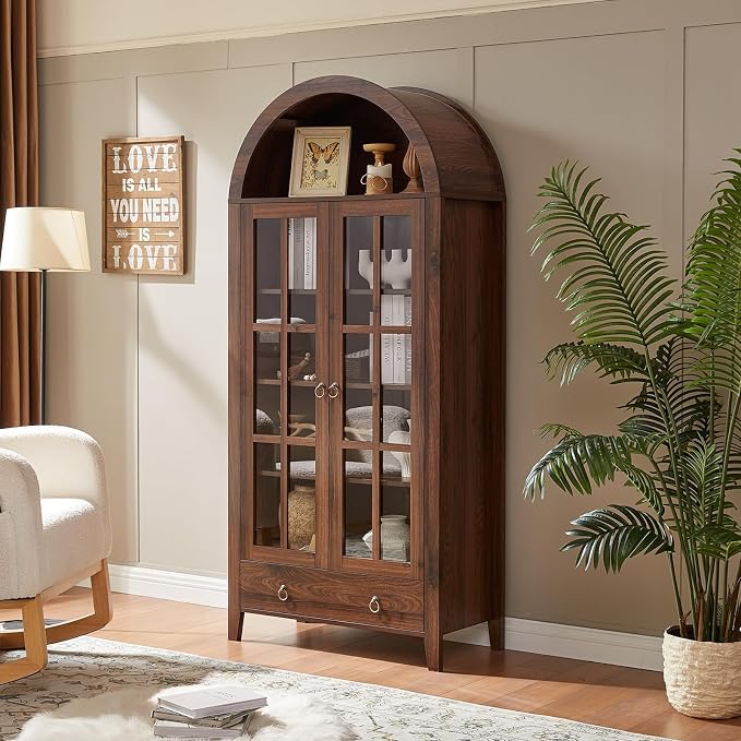 RowyPoey 71" Tall Arched Cabinet Bookshelf with Glass Door & Storage Drawer | Modern Farmhouse Display Cabinet,Adjustable Shelves,Wood Kitchen Pantry for Dining Room,Living Room,Office,Walnut