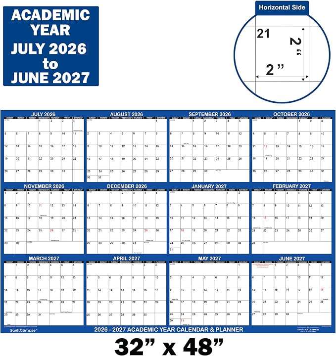 32x48 SwiftGlimpse 2026-2027 Academic Wall Calendar Erasable, XLarge, Wet & Dry Erase Laminated, July 2026 to June 2027 only