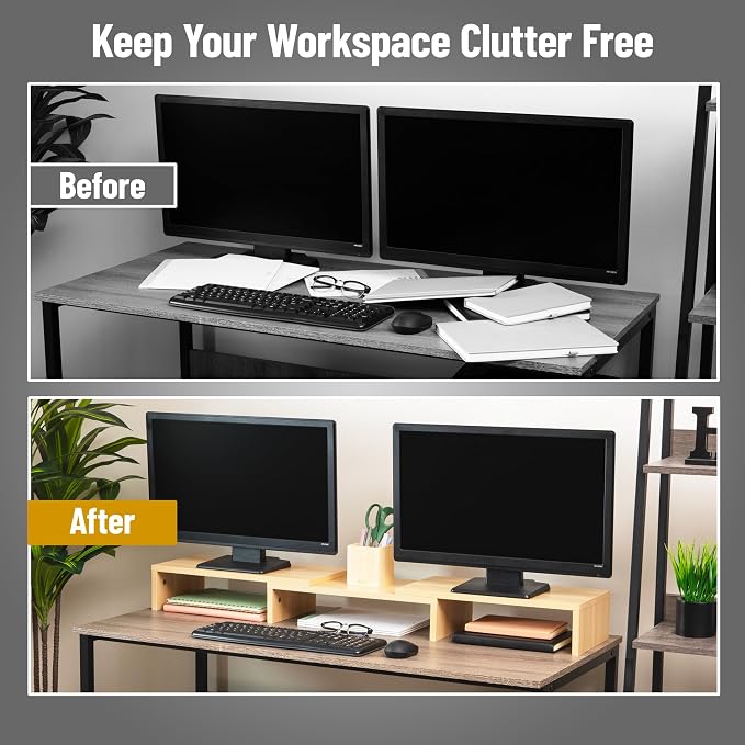 Mind Reader Dual Monitor Stand, Desktop Organizer, Laptop Riser, Office, MDF, 51.25"L x 9.25"W x 4.75"H, Brown