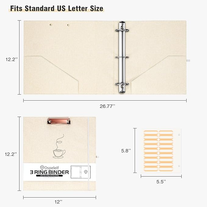 Ospelelf 2 Inch 3 Ring Binder, 5 Tab Dividers with 10 Pockets for Letter Size (8.5" x 11"), Linen Binder Organizer with Zipper Pouch, Hardcover School Clipboards Binder, Beige
