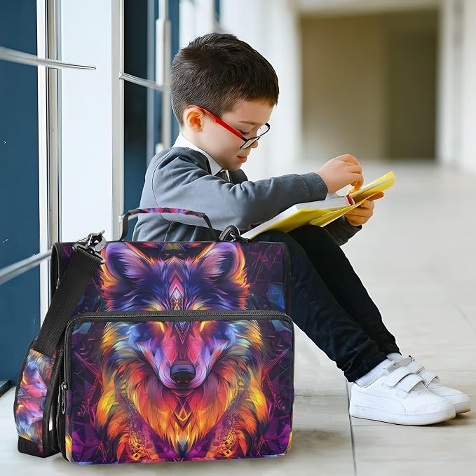 Wolf Colorful Zipper Binder Bag 3 Ring Binder with Shoulder Strap Zip Up 500 Sheets Capacity Multi Pockets for School Office Supplies