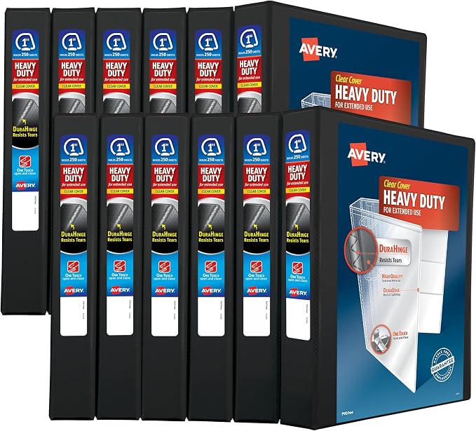 Avery Heavy-Duty View Binder, 1" EZD One Touch Rings, 275-Sheet Capacity, DuraHinge, 12 Black Binders (79699)