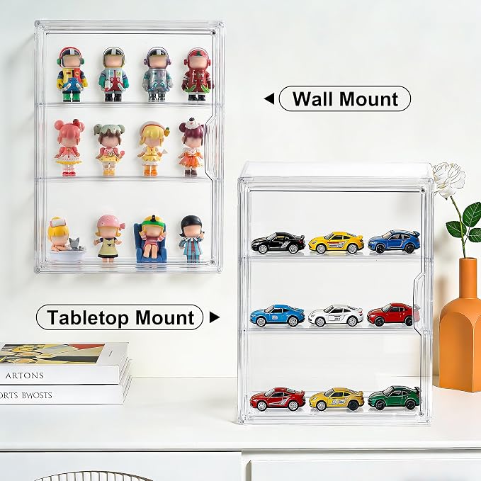 2 Pack ﻿3-Tier Clear Acrylic Display Case Wall-Mounted & Stackable Organizer with Magnetic Door, Dustproof Storage Cabinet for Collectibles Handmade Models (2, 10.6"(L) x 5.1"(W) x 14.2"(H))