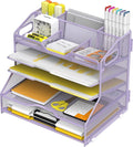 YINGHUA 5-Tier Mesh Desk Organizer, Letter Tray - Purple | Sturdy steel mesh with 3 sliding trays, 2 handles, 6 adjustable top sections. U-shaped design for easy access to office files