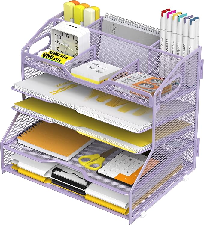 YINGHUA 5-Tier Mesh Desk Organizer, Letter Tray - Purple | Sturdy steel mesh with 3 sliding trays, 2 handles, 6 adjustable top sections. U-shaped design for easy access to office files