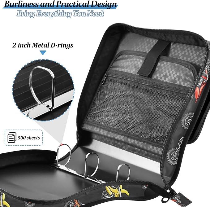 Fisyme Motocross Dirt Bike Black Zipper Binder 3 Ring with Zipper and Shoulder Strap Large Capacity Multi-Pocket Binder Organizer