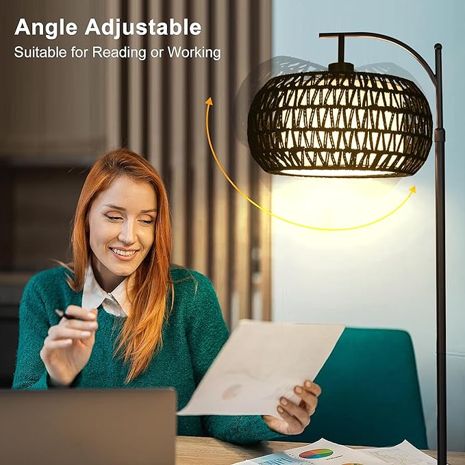 ZECOXOL Arc Floor Lamp with 3 Color Temperatures,Black Floor Lamp with Remote Control, Boho Standing Lamp with Rattan Wicker Shades, Farmhouse Tall Pole Lamp for Living Room Bedroom