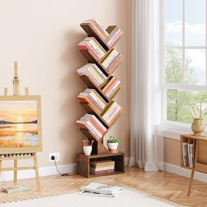 Hoctieon 9 Tier Tree Bookshelf, Tall Bookcase, Freestanding Book Shelf with LED Lights, Display Floor Standing Storage Shelf, Book Organizer Shelves for Home Office, Living Room, Rustic Brown