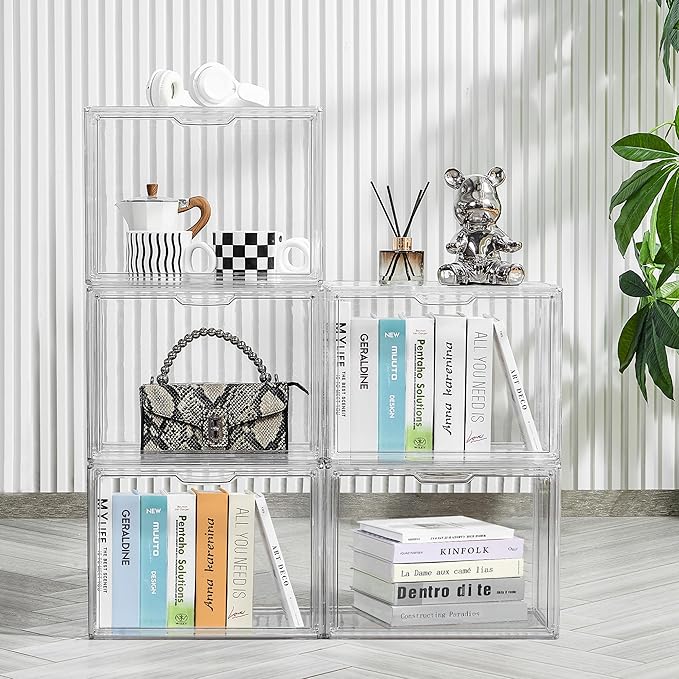 LXLXXL Cube Storage Organizer Acrylic Book Case Stackable Display Case Box | Book Storage Containers With Magnetic Door Clear Plastic Portable Organizer For Living Room Bedroom 5 Pcs