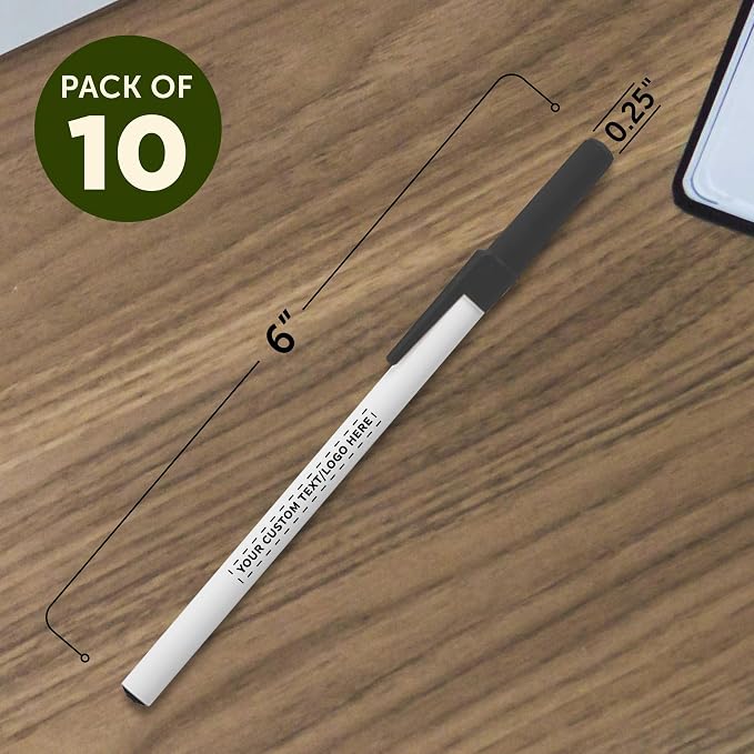 DISCOUNT PROMOS Custom Value Stick Pens Set of 10, Personalized Bulk Pack - Blue Ink, Great for Office, School, Business, Tradeshows, Events - Black Cap
