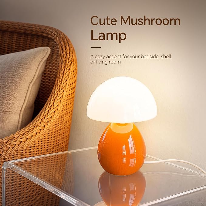 Mushroom Lamp Table Lamp for Bedroom-Small Desk Table Lamps,Orange | Ice Crackle 8.7" Mid Century Modern Table Lamps for Living Room Bedroom Decor,Ceramic Lamps for Home Room Decor,Glass Shade