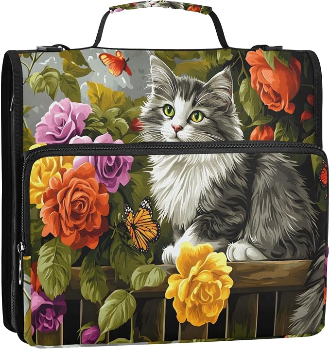 MNSRUU 3 Ring Binder Bag, 2 Inch D-Rings Easily Organizes 1 Inch Fits Letter Sized Paper, Gray Cat on The Garden Fence Large 3 Hole Zipper Binder Organizer for School Office Supplies
