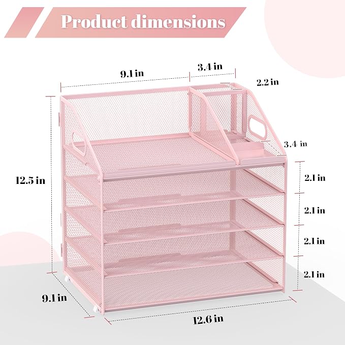 5 Tier Mesh Desk Organizer with Pen Holder and Handle Letter Tray | Metal desktop document shelf and paper sorter. Premium mesh workspace storage for office, home, and classroom