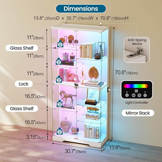 Lvifur 10-Tier Glass Display Cabinet with RGB Light and Motion Sensor,White | 71''H Lockable Curio Cabinet with Glass Doors,China Cabinets with Removable Shelves for Collectibles,Lighted Showcase,White