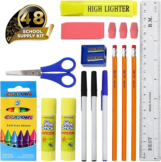 Moda West 48 Pack Bulk School Supplies 22 Piece Kit - Essential Box of School Supplies Kit with Pens, Pencils, Crayons, and More for Elementary, Middle, and High School Students