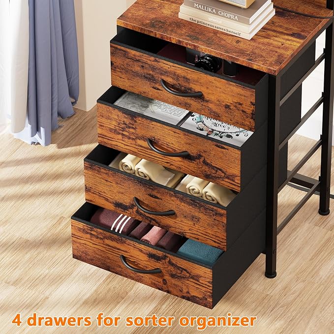 Night Stand Set 2, 38" Tall Bedside Table with Charging Station | RGB LED Lights, Storage Wood Shelves & 4 Fabric Drawers, Metal Frame, Easy Assembly for Bedroom Dorm Hallway