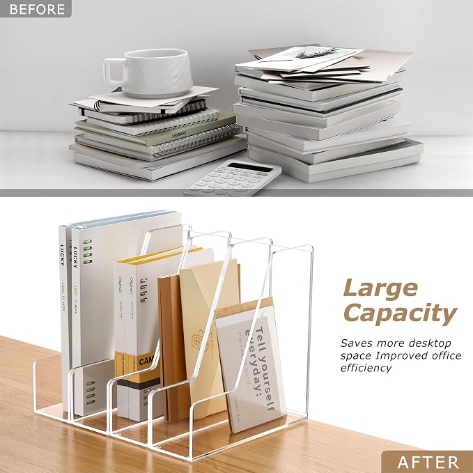 SANRUI 4 Pack Clear Acrylic Vertical File Organizer, Desk Organizer and Storage Bins Holding for Magazines, Binders, Notebooks, Envelopes, Multi-purpose Document Organizer for Home Office