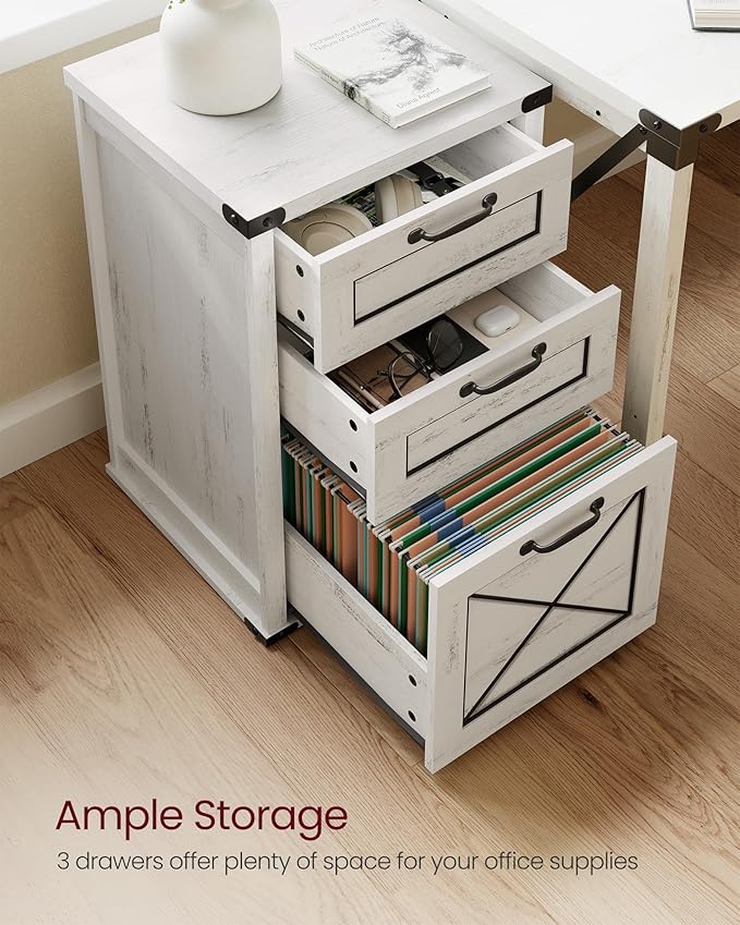 VASAGLE File Cabinet, Filing Cabinet with 3 Drawers, Printer Stand, Fit A4, Letter Size, Hanging File Folders, Modern Farmhouse Style, for Home Office, Rustic White UOFC054T73