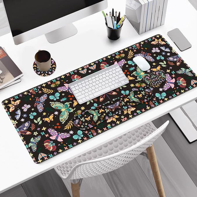 Desk Mat Pad, Gaming Mouse Pad Wrist Support Set, 4 in1 Non-Slip XXL Large Mousepad + Ergonomic Keyboard Wrist Rest+Mouse Wrist Rest+Coaster for Home Office Computer I Colorful Butterfly