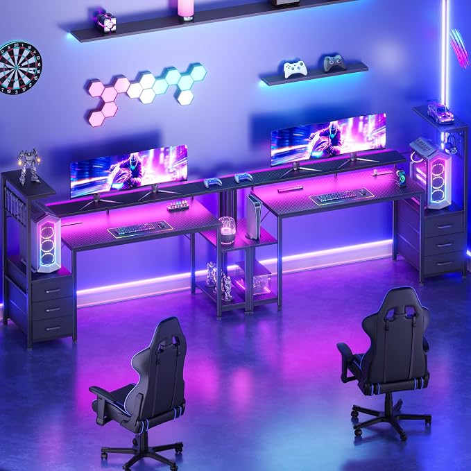 Korfile 55 Inch Gaming Desk with Bluetooth LED Lights & Power Outlets,Computer Desk with Fabric Drawers & Hooks,Reversible Gamer Table with Monitor Stand for Game Room,Home Office,Carbon Fiber Black | Reversible，Computer Desk, Gamer Table, Bluetooth LE...