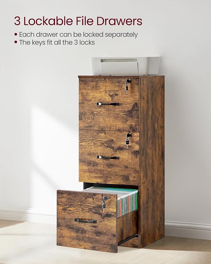 VASAGLE File Cabinet, 3 Drawer Filing Cabinet for Home Office, with Locks, for A4, Letter Sized Documents, Hanging File Folders, Rustic Brown UOFC055K101S