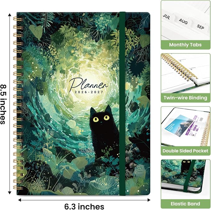 Planner 2026-2027, Monthly & Weekly Jul 2026-Jun 2027 Calendar Book | 6.3" x 8.5", Hardcover Spiral Planner with Tabs, School & Daily Pretty Agenda for Women, Students, Teachers, Mystic Grove