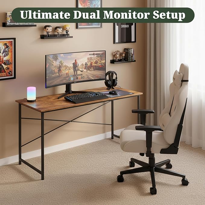 55 Inch Computer Desk, Writing Desk for Home Office Study Workspace | 265 lb Capacity, Reinforced X-Frame, Waterproof MDF Top, Scratch-Resistant Surface, Easy Assembly, Brown