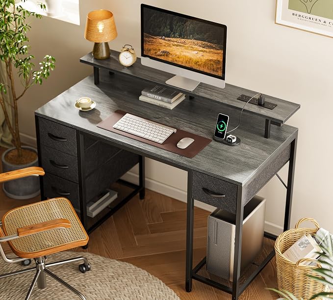 Huuger 47 inch Computer Desk with Power Outlets & 4 Drawers | Gaming Desk with LED Lights, Home Office Desk with Large Storage Space for Bedroom, Work from Home, Grey