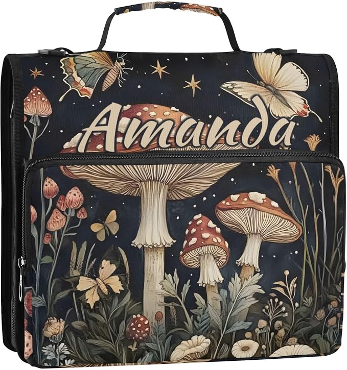 Custom 3 Ring Zipper Binder Mushrooms Flowers Butterflies (2) Personalized Name 1.5 inch Binders Large Capacity Multi Pockets for School Office Supplies