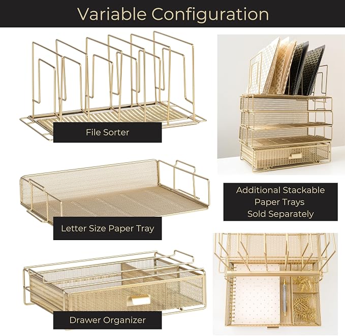 BLU MONACO | Gold Desk Organizer Set with Detachable File Organizer, Stackable Paper Tray & Storage Drawer | Stylish Gold Desk Accessories for Women & Office Organization