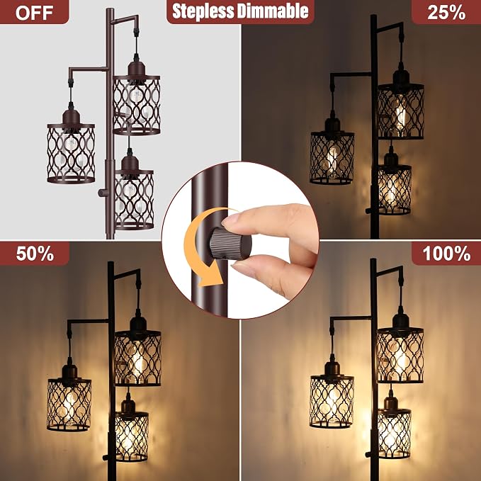 68" Farmhouse Floor lamp, Dimmable Industrial Floor Lamps for Living Room, 3 Light Rustic Standing Tall Lamp Including 3 PCS 6W E26 Bulbs, Tree Floor Lamp for Bedrooms Room, Office, Bar, Brown