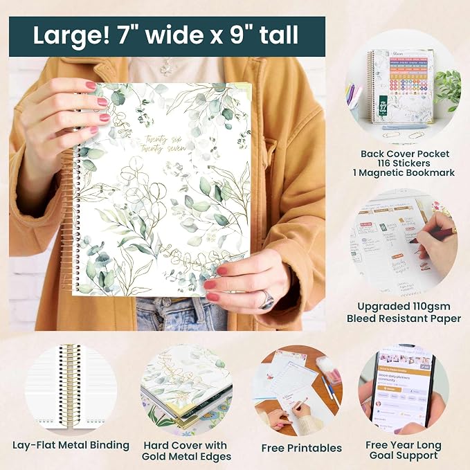 bloom daily planners 2026-2027 Hardcover Academic Year Goal & Vision Planner (July 2026 - July 2027) - 13 Months Agenda - Monthly & Weekly Calendar Organizer - 7.5" x 9" - Eucalyptus, White