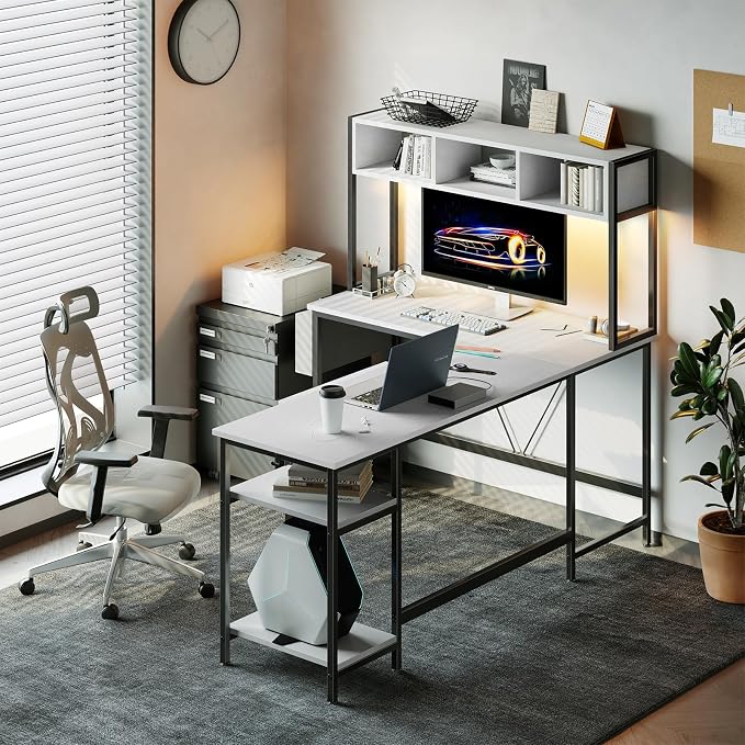 DUMOS 67" L Shaped Gaming Desk, Reversible Computer Desks with LED Lighting | Corner Desk for Compact Spaces, Keyboard Tray & Storage Shelf, Home Office, White