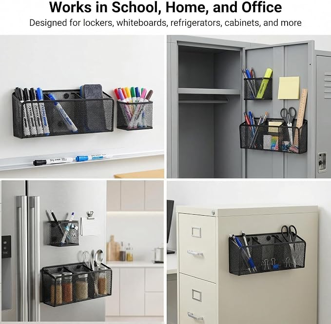 Neudeco Magnetic Pencil Holder, Black, Pack of 4 | Metal Mesh Storage Basket, Locker Shelf Organizer, For Whiteboard & Refrigerator, School & Office Supplies